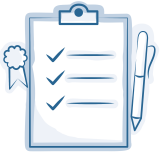 Blaue Illustration eines Kremmbretts mit Stift und Siegel