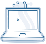 Blaue Illustration eines Laptops mit Netzwerkverbindung