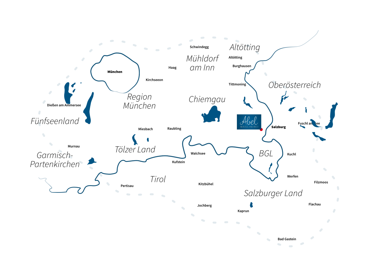 Illustrierte Übersichtskarte des Liefergebiets der Wäscherei Abel mit der Landesgrenze, Seen und Orte.