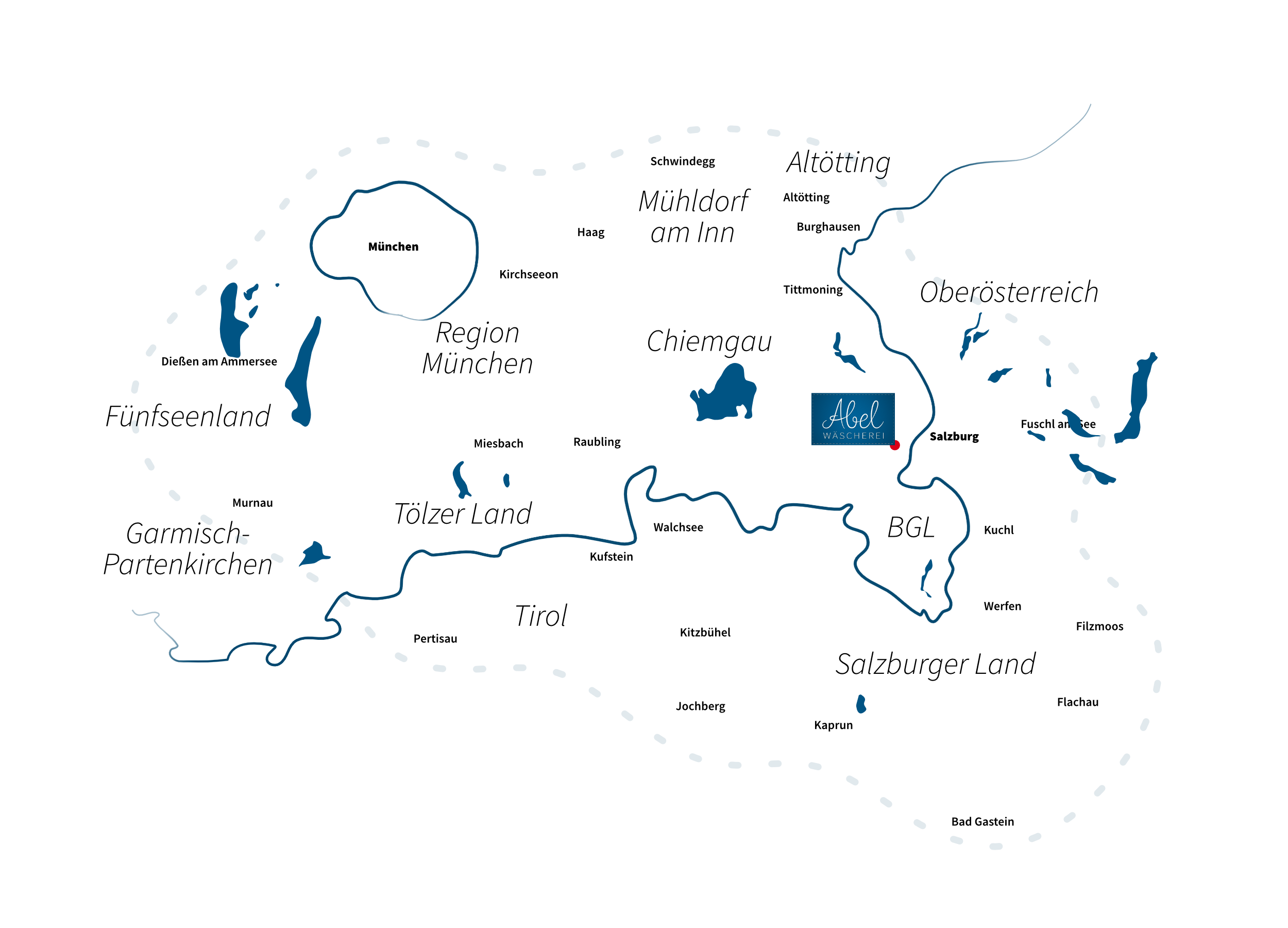 Illustrierte Übersichtskarte des Liefergebiets der Wäscherei Abel mit der Landesgrenze, Seen und Orte.